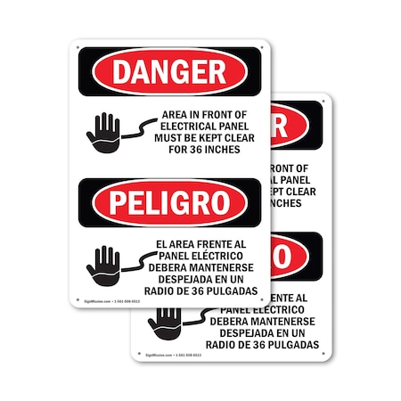 Signmission Electrical Panel Keep Clear Bilingual Danger Sign, Aluminum, 10in W x 14in L, 2PK OS-2PACK-DS-A-1014-VS-1030